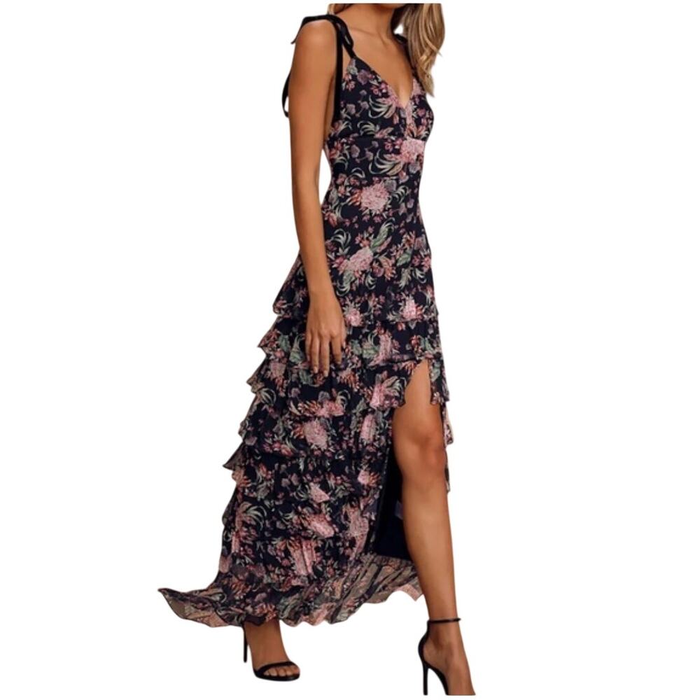 Bellevue The Label Antoinette Black Floral Ruffled Maxi Dress NWT M